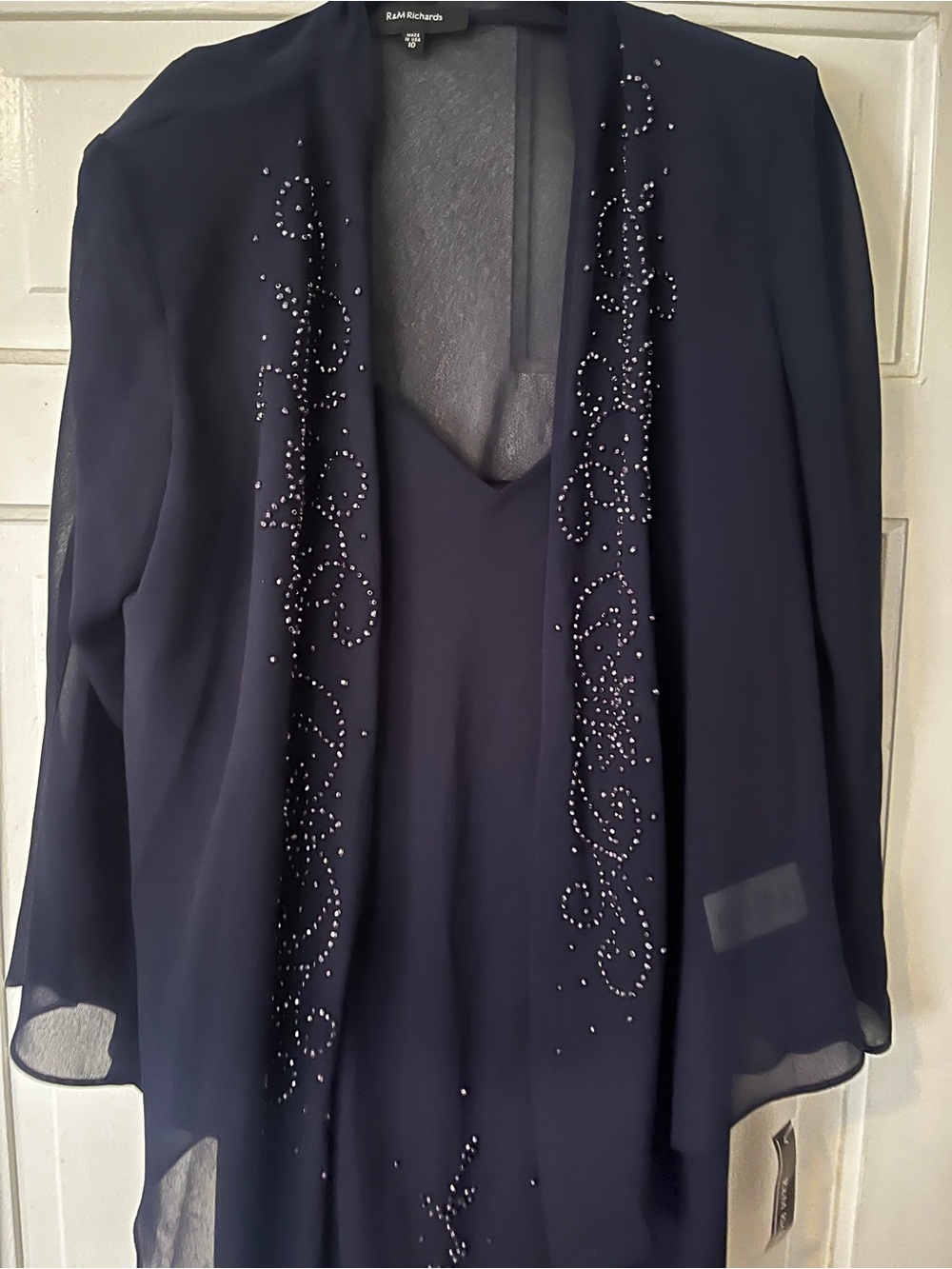 R&M Richards Navy Beaded Chiffon Evening Jacket and Dress Set